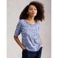White Stuff Pure Cotton Jersey Printed Top Blue Mix