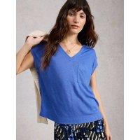 White Stuff Pure Linen V-Neck T-Shirt Blue