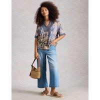 White Stuff Linen Blend Printed Notch Neck Blouse Natural Mix