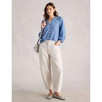 White Stuff Pure Cotton Embroidered Notch Neck Blouse Blue