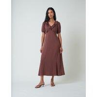 Nobody's Child Polka Dot V-Neck Midi Tea Dress Brown