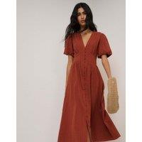 Nobody's Child Pure Cotton V-Neck Midaxi Waisted Dress Brown