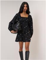 Nobody's Child Pure Cotton Embroidered Mini Smock Dress Black