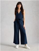 Pure Linen V-Neck Cropped Jumpsuit