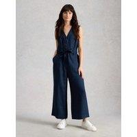 White Stuff Pure Linen V-Neck Cropped Jumpsuit Navy