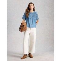 White Stuff Chambray Gathered Button Through Blouse Blue Denim