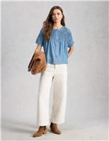 Chambray Gathered Button Through Blouse