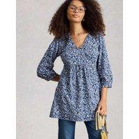 White Stuff Pure Cotton Printed V-Neck Tunic Blue Mix