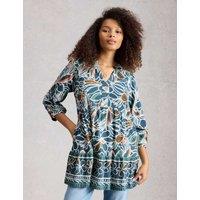White Stuff Pure Cotton Printed V-Neck Tunic Teal Mix