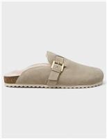 Suede Faux Fur Lined Buckle Mule Slippers