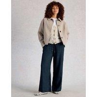 White Stuff Pure Linen Printed Wide Leg Trousers Navy
