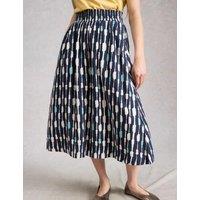 White Stuff Linen Blend Printed Midi A-Line Skirt Navy Mix
