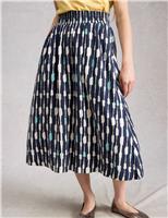 Linen Blend Printed Midi A-Line Skirt