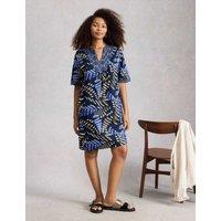 White Stuff Pure Linen Printed Notch Neck Shift Dress Navy Mix