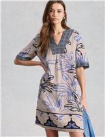 Pure Linen Printed Notch Neck Shift Dress