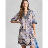 White Stuff Pure Linen Printed Notch Neck Shift Dress White Mix