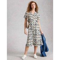 White Stuff Pure Linen Notch Neck Midi Tea Dress White Mix