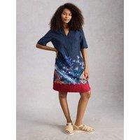 White Stuff Pure Linen Knee Length Relaxed Tea Dress Navy Mix