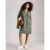 White Stuff Pure Linen Knee Length Relaxed Tea Dress Green Mix