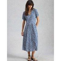 White Stuff Cotton Blend Floral V-Neck Midi Tea Dress Blue Mix