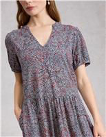 Cotton Blend Floral V-Neck Midi Tea Dress