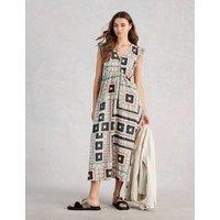 White Stuff Linen Blend Printed Midi Skater Dress White Mix