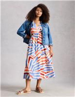 Linen Rich Printed V-Neck Midi Tea Dress