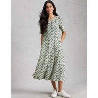 White Stuff Jersey Round Neck Waisted Midi Dress Green Mix