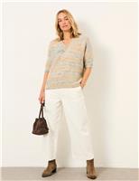 FatFace Cotton Rich Textured V-Neck Jumper Natural Mix