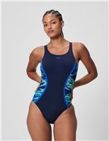 Speedo Hyperboom Splice Printed Racerback Swimsuit Blue Mix