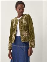Velvet Collarless Embroidered Jacket