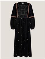 Velvet Embroidered Tie Neck Peplum Blouse