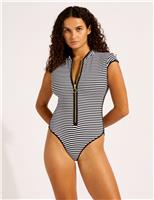 Seafolly Clubhouse Striped Zip Up Swimsuit Black Mix