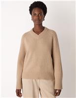 Whistles Pure Wool Ribbed V-Neck Jumper Camel