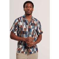 Ted Baker Regular Fit Cotton Linen Blend Geo Shirt Blue Mix