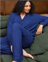Live Unlimited London Ribbed Collared V-Neck Top Navy
