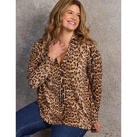 Live Unlimited London Jersey Animal Print Collared Blouse Brown