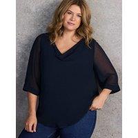 Live Unlimited London Cowl Neck Sheer Sleeve Blouse Navy