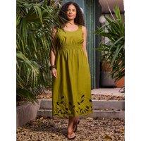 Live Unlimited London Pure Cotton Embroidered Midi Waisted Dress Green