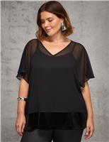 V-Neck Velvet Trim Angel Sleeve Top