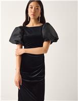 Velvet Puff Sleeve Midi Column Dress