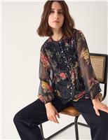 Sparkly Striped Floral Bib Detail Blouse