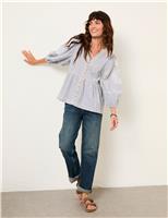 Pure Cotton Embroidered Striped V-Neck Blouse