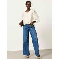 FatFace Embroidered V-Neck Scallop Trim Blouse Ivory
