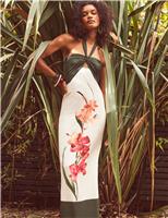 RO&ZO Floral Halter Neck Twist Front Maxi Column Dress Dark Green Mix