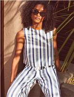 Cotton Linen Blend Striped Crew Neck Top