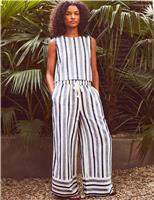 RO&ZO Cotton Rich Striped Wide Leg Trousers with Linen Blue Mix