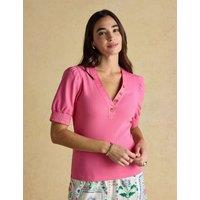 Joules Cotton Rich Ribbed V-Neck Puff Sleeve Top Pink