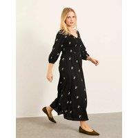 FatFace Floral Embroidery Shirred Midi Skater Dress Black Mix