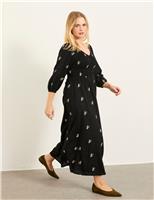 Floral Embroidery Shirred Midi Skater Dress